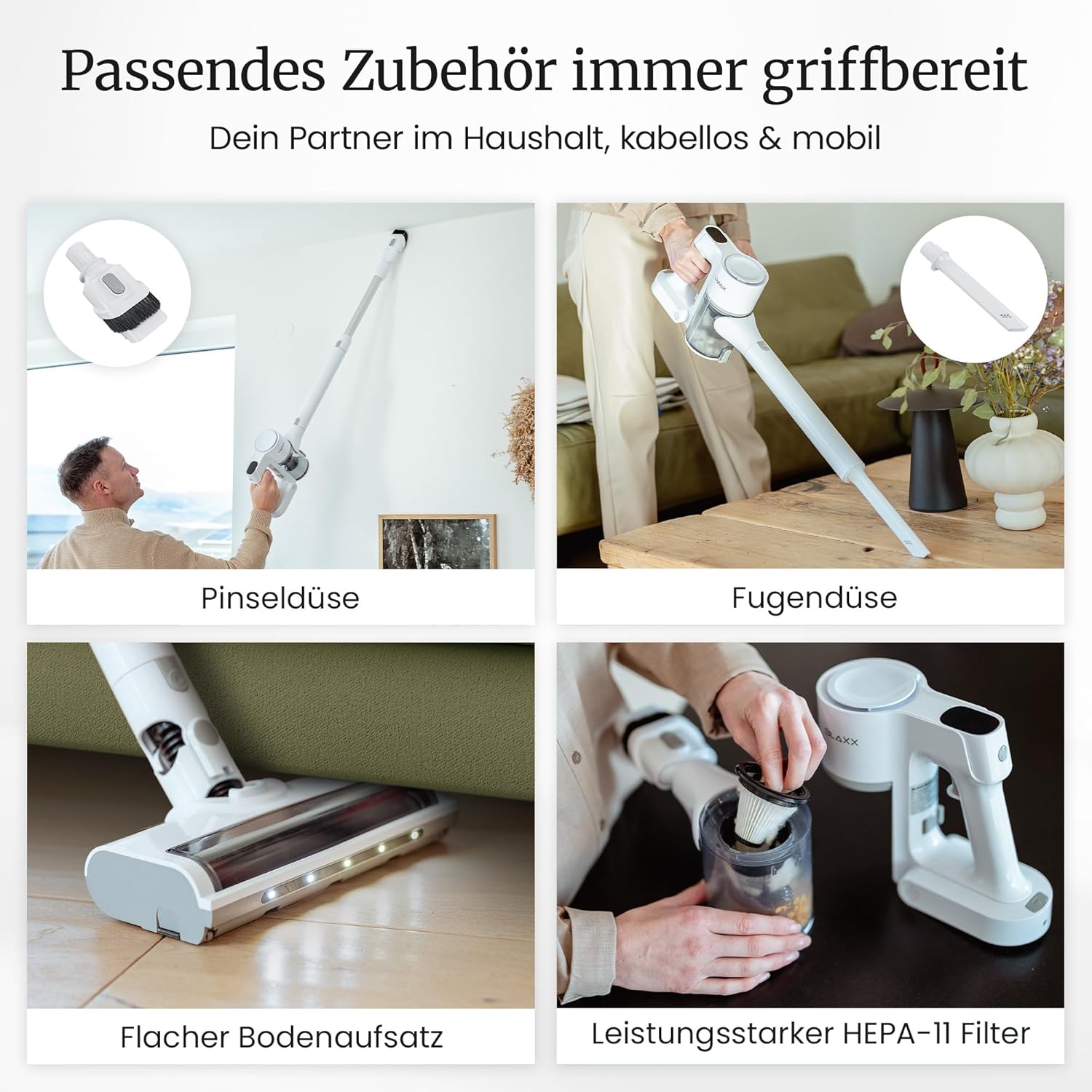 BLAXX LVX Akku Staubsauger kabellos – 60 Min Laufzeit, Akkustaubsauger mit 2 Akkus & Schnelllader, beutellos mit HEPA-Filter, leicht & leise, Smart Display, LEDs, Anti-Tangle-Bürste, Turbomodus