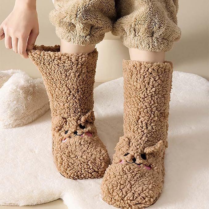 (1 Paar) Kuschel Socken Wintersocken Füsslinge Flauschige Bettsocken Teddybär (One Size) - Braun