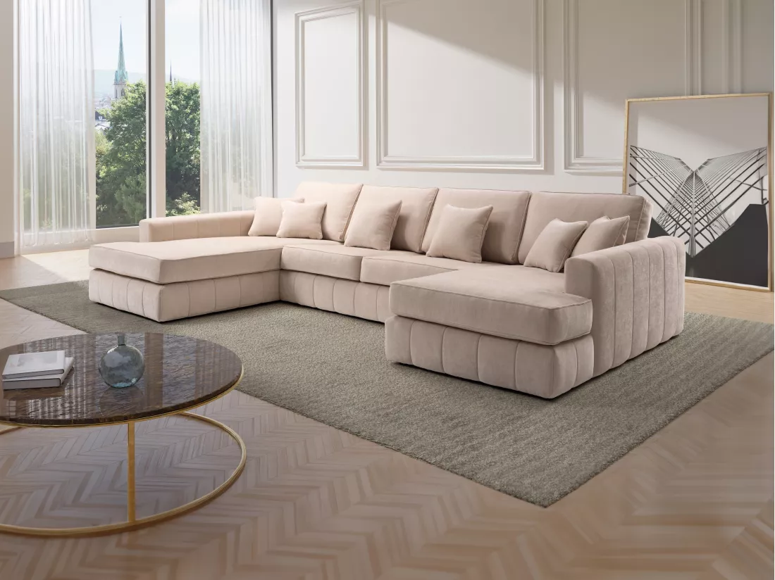Grand canapé d'angle gauche panoramique en tissu beige BERGOTA