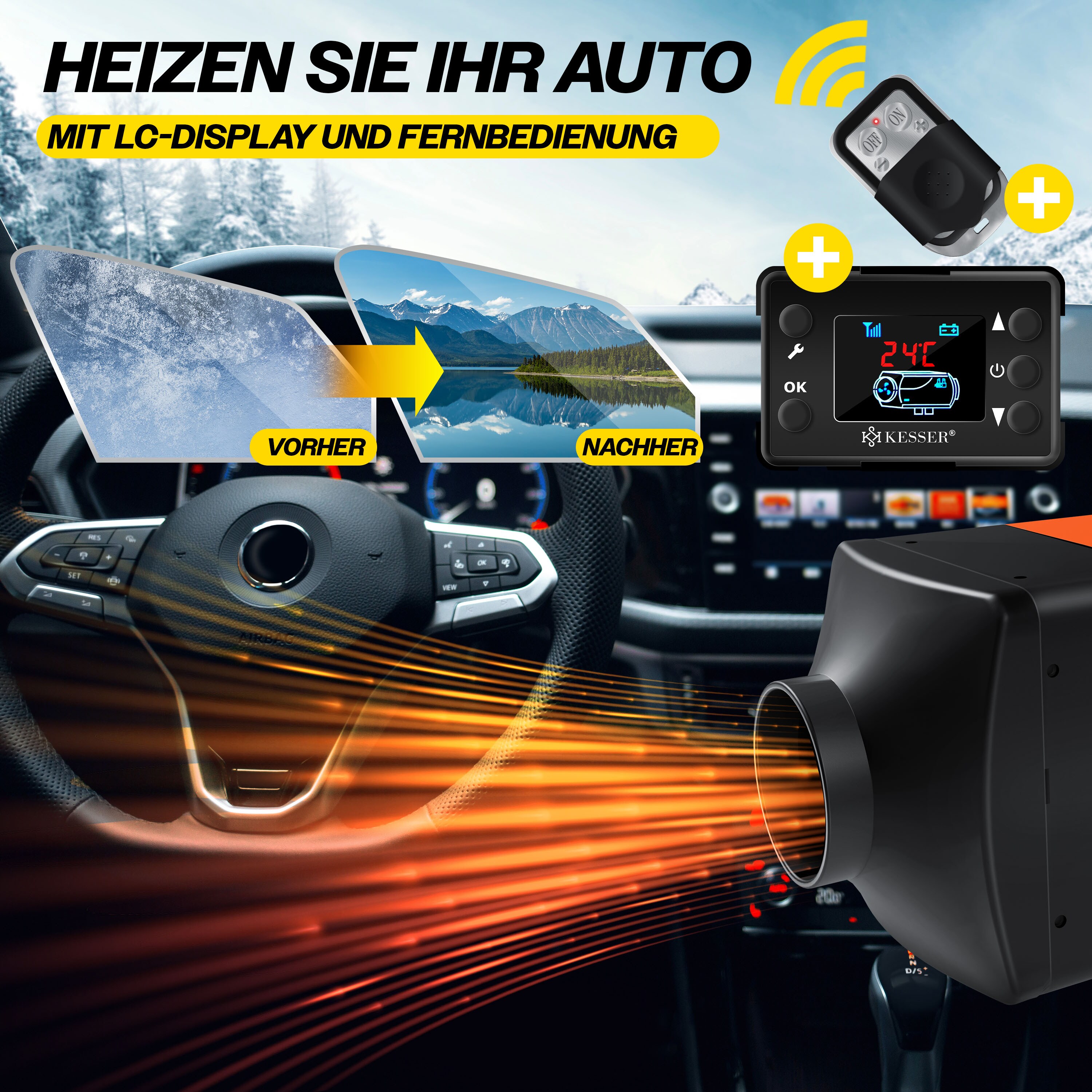 KESSER® Standheizung 5 & 8KW für Diesel | Diesel-Heizung mit LCD-Display und Fernbedienung | Lufterhitzer mit Schalldämpfer für Auto PKW LKW Wohnmobil | Heizung & Timer sowie Thermostat | 12V/24V KFZ