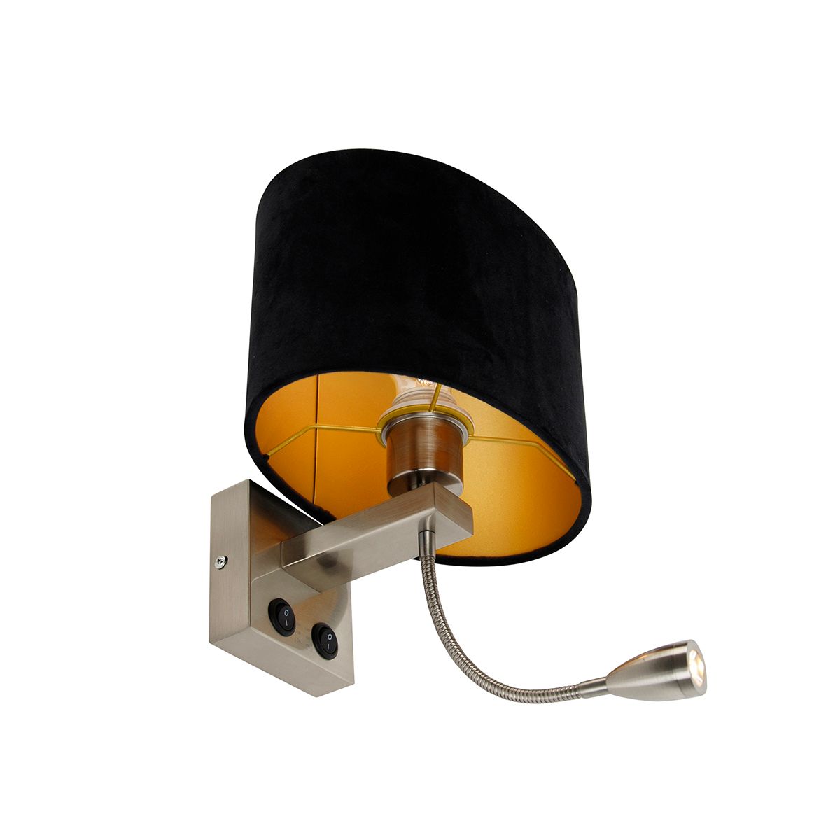 Wandlamp staal met ovale velours kap zwart 25cm - Brescia Combi