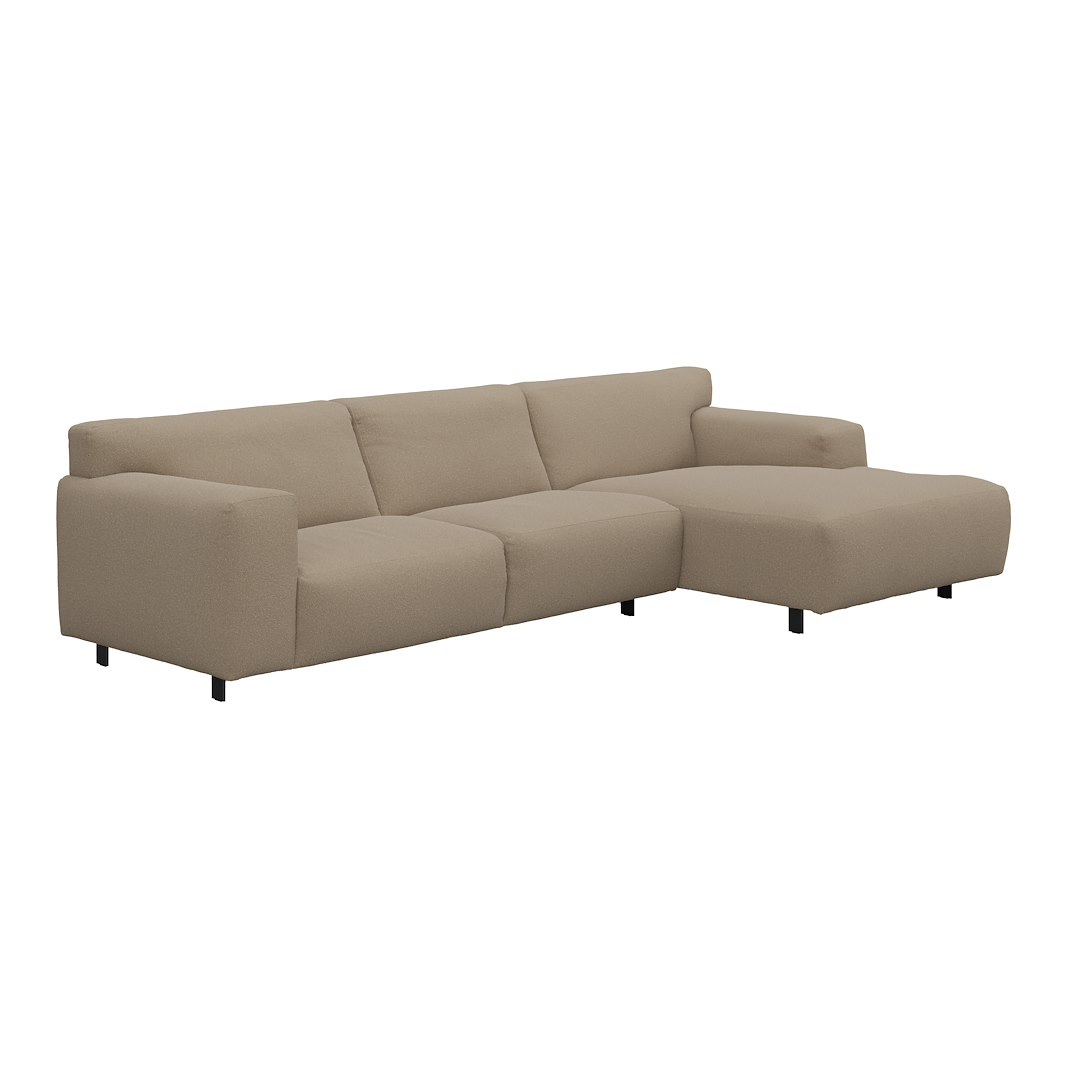 Vesta 2,5-seter med sjeselong høyre I Tekstil Gianni Sand, standardsøm, sort metallben 10 cm, Comfort CM