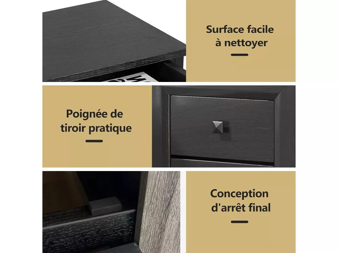 Lot de 2 Tables de Chevet Moderne avec 2 Tiroirs, 40 x 39,5 x 55 CM, avec Pieds en Bois Massif et Poignées, Noir