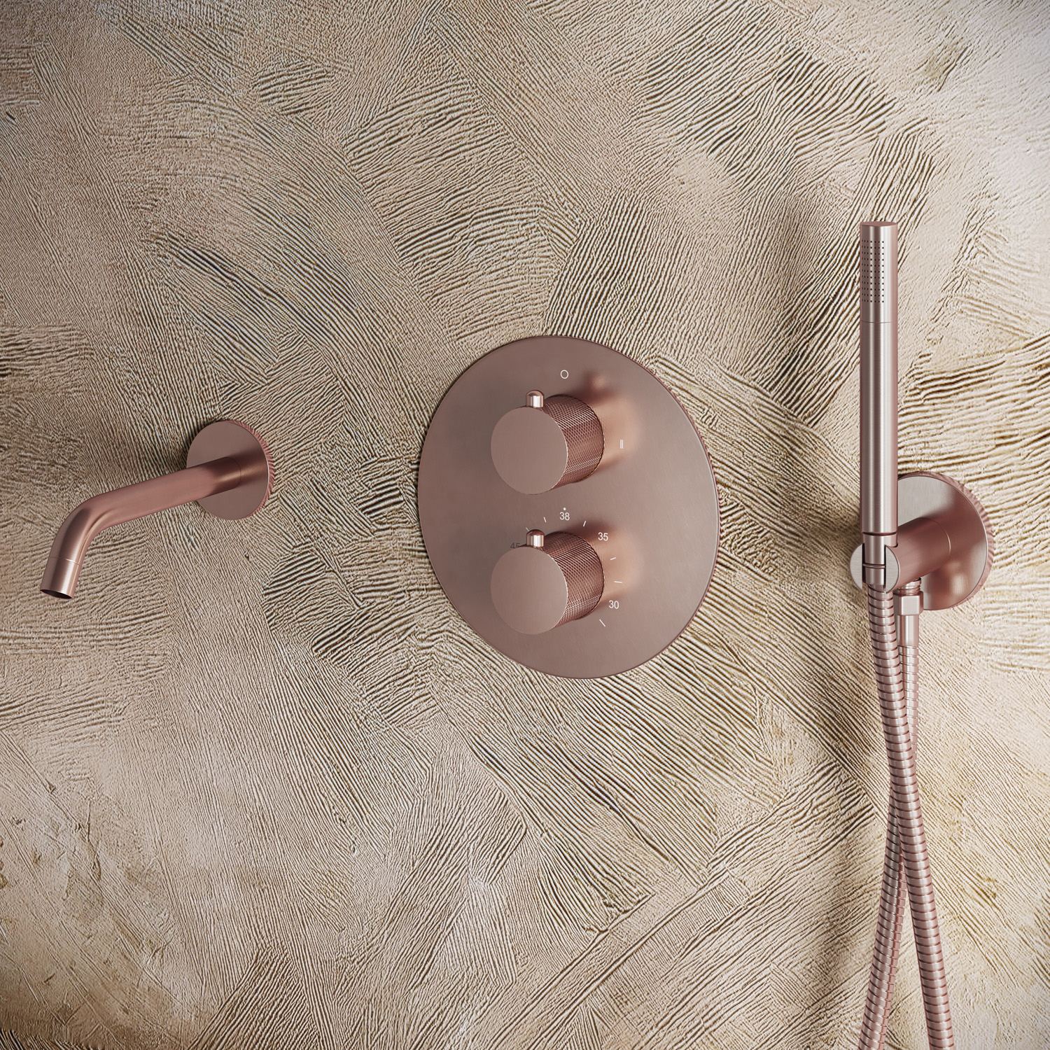 Saniclear Copper Curved rond inbouw thermostaat met inbouwdeel geborsteld koper