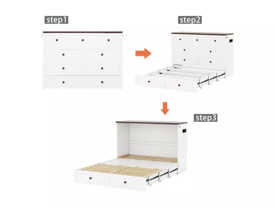 Armoire lit 140 x 200, avec tiroirs au bout du lit et étagères à la tête du lit, avec USB et prises, blanc