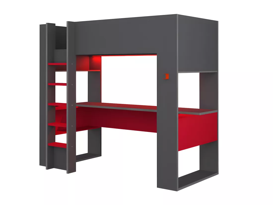 Lit mezzanine gamer NOAH avec bureau et rangements intégrés - 90 x 200 cm - Avec LEDs - Anthracite et rouge + matelas
