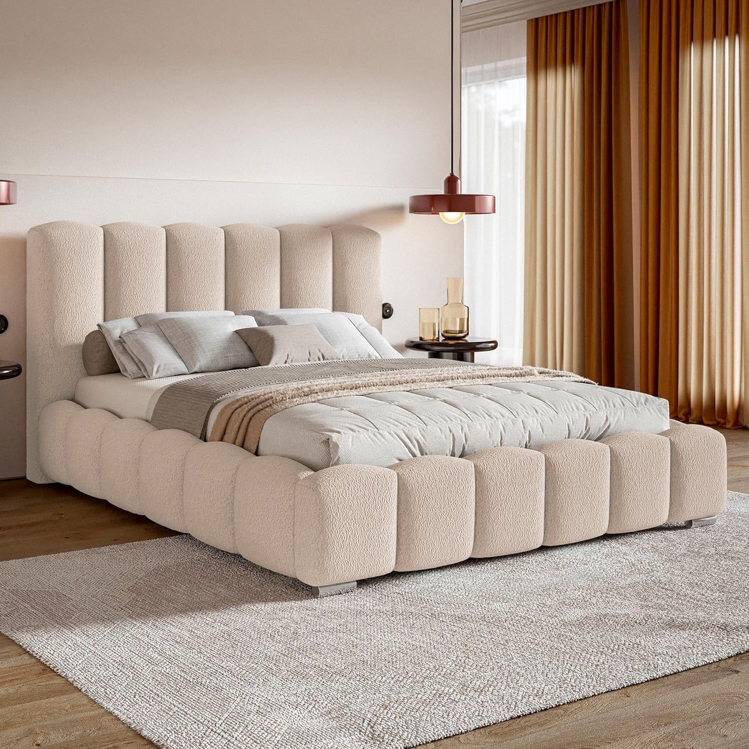 Grand Bubble Bett 200x200 Beige Boucle, mit Stauraum, mit Kopfteil, mit Lattenrost, mit Füßen, ohne Matratze, Bubble Polsterbett 200x200 mit Bettkasten Beige