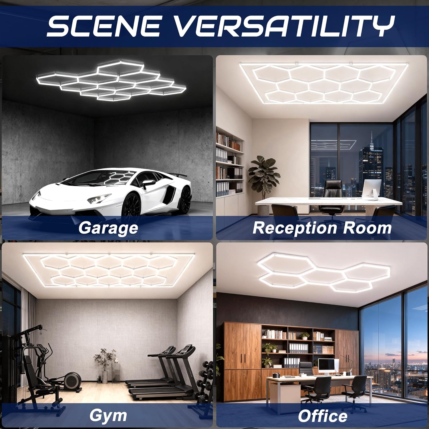 UISEBRT Hexagon LED Deckenleuchte,11 Hexs Garagenbeleuchtung ohne Rechteck,IP44 flimmerfrei Werkstattbeleuchtung LED-Deckenleuchten 6500K Weiß für Garage, Werkstatt, Lager, Keller, Fitnessstudio,Salon