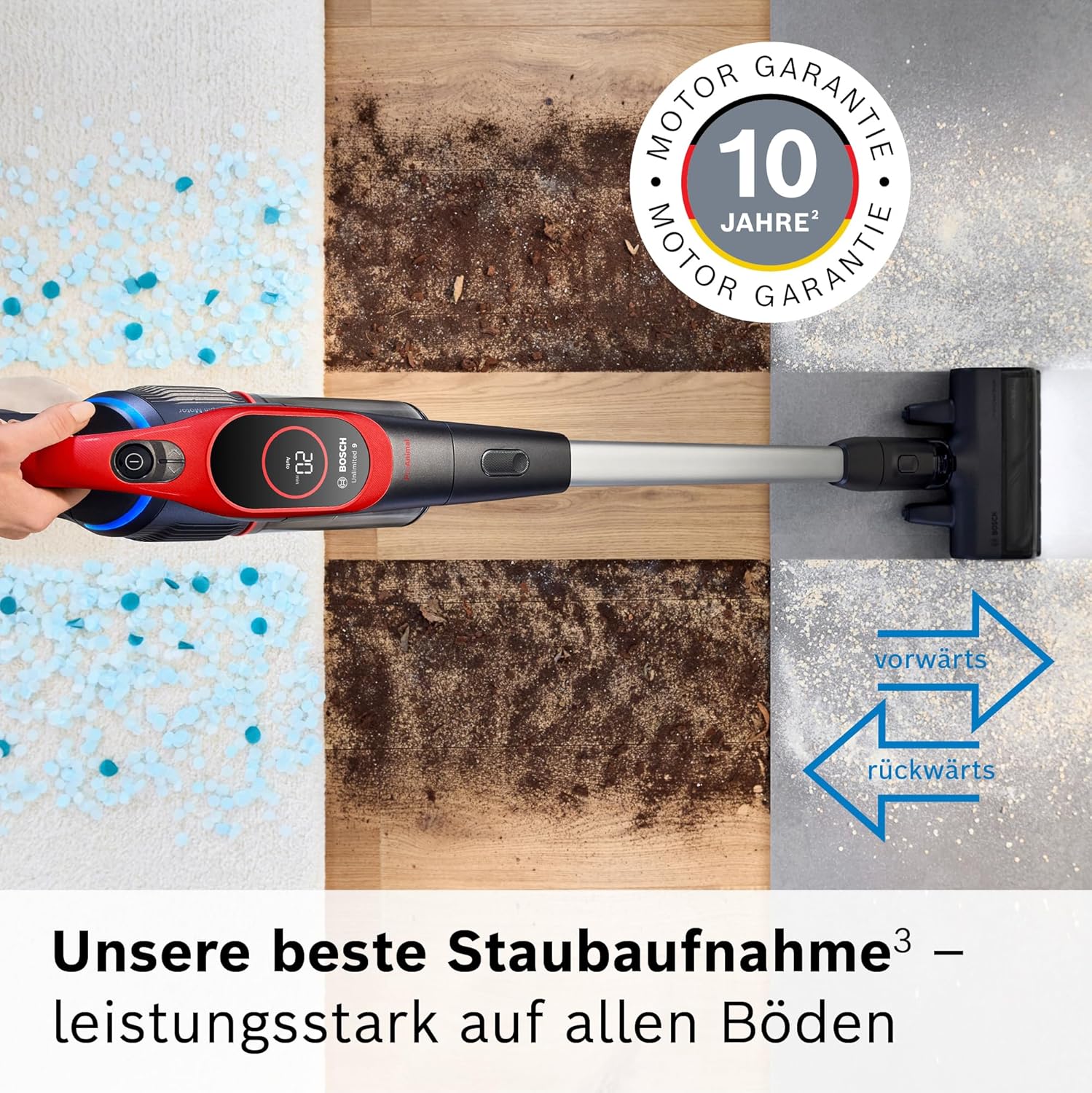 Bosch Akku-Staubsauger Unlimited 9 ProAnimal BKS941PET, kabellos, MicroClean Technology, Display, Staubkomprimierung, HEPA-Filtersystem, 10 J. Motorgarantie, 4Ah Akku, LED-Licht, Schnellladegerät, rot