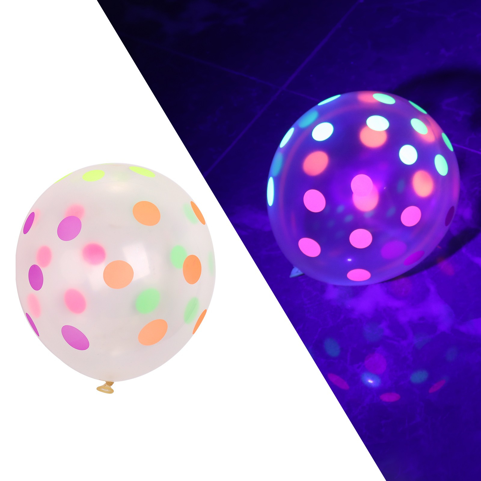 (10er Set) Ø30cm Neon UV Schwarzlicht Latex Ballons Fluoreszierende Party Deko Glow in the Dark Luftballons Gepunktet - Bunt / Transparent