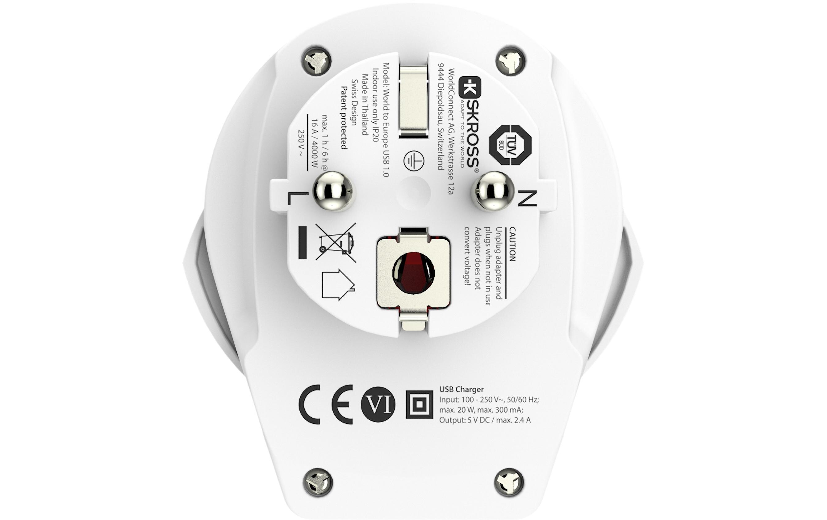 Reiseadapter World – EU mit USB LadegerätKompakter Reisestecker World zu Europa mit USB Ladeanschluss