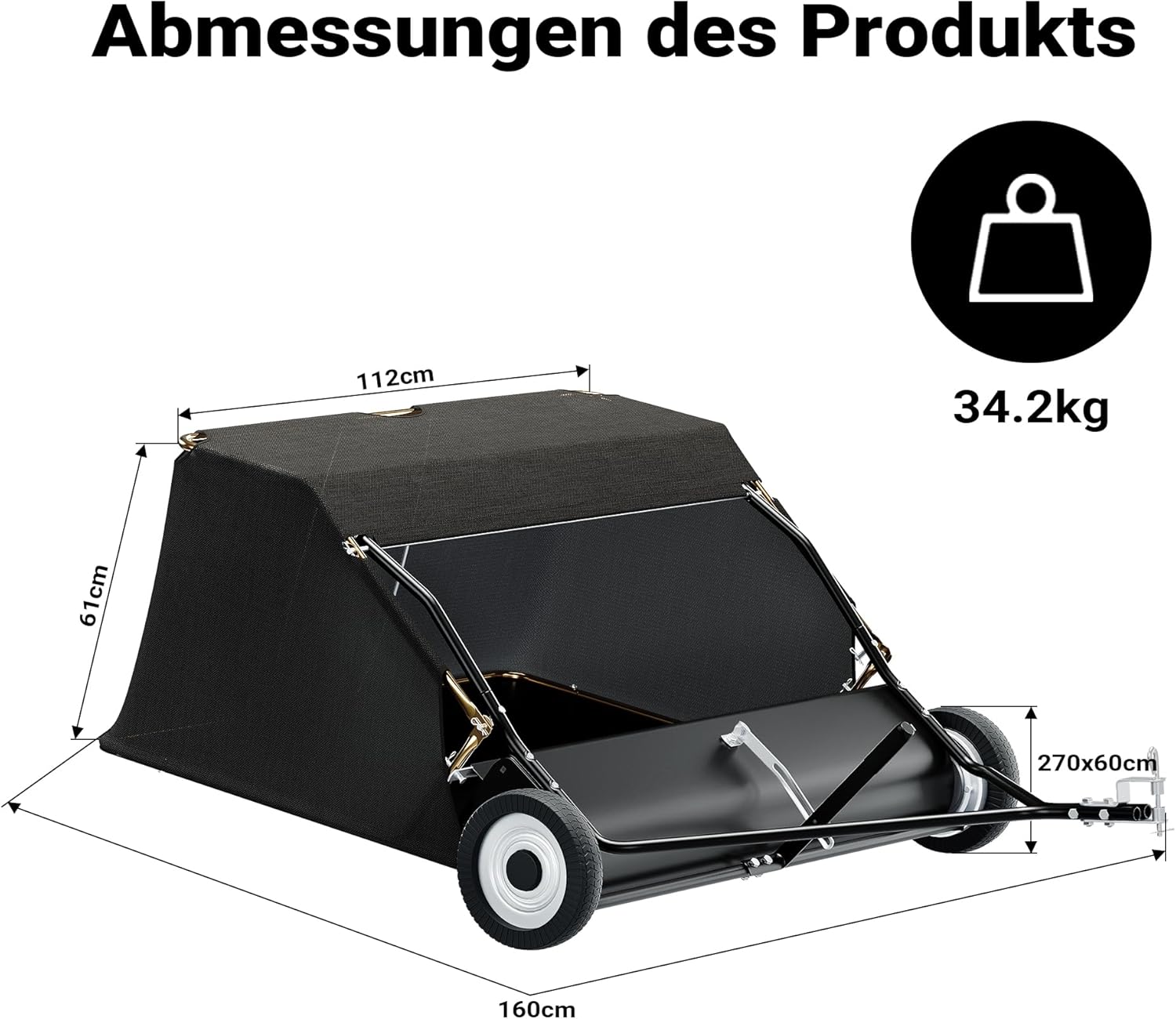 Wiltec Rasenkehrmaschine mit 120 cm Kehrbreite, Rasenkehrer für Aufsitzmäher, Laubsammler mit 415 l Auffangnetz Laubkehrmaschine für Rasentraktor