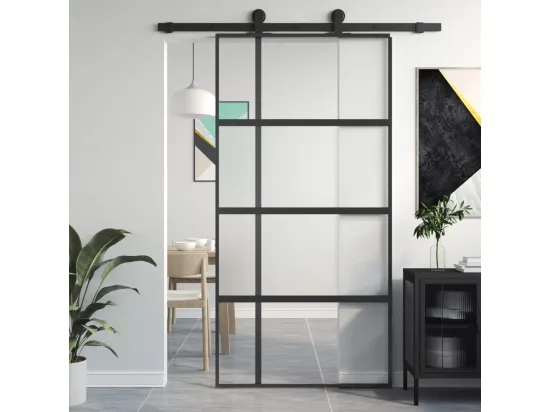 Porte coulissante noir 102,5x205 cm verre trempé aluminium