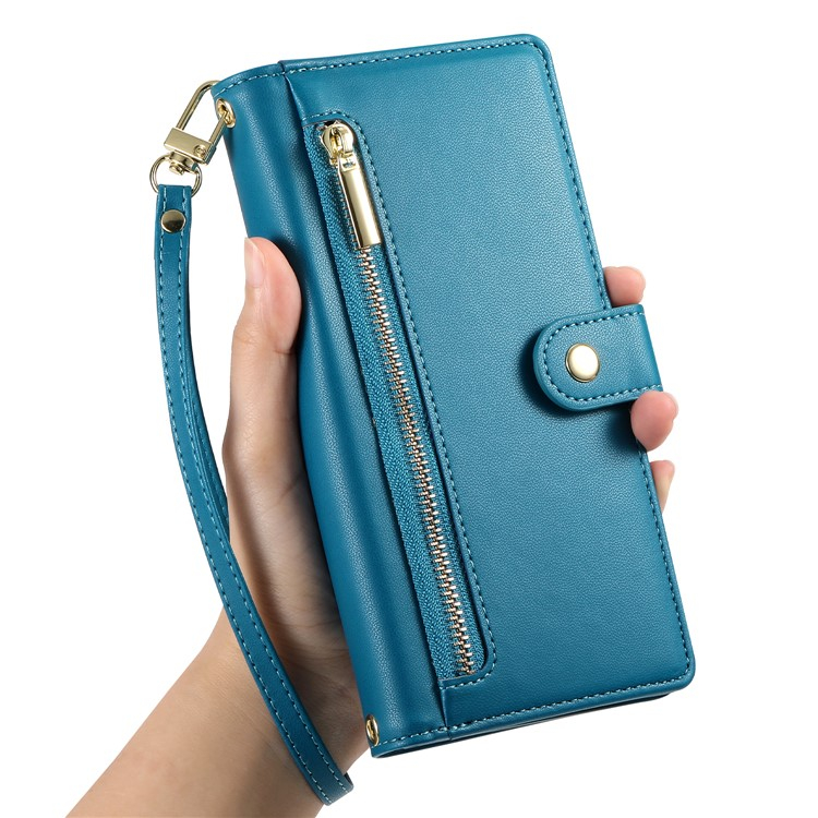 iPhone 16e Leder Tasche Flip Cover mit Reissverschluss   Handschalufe - Blau