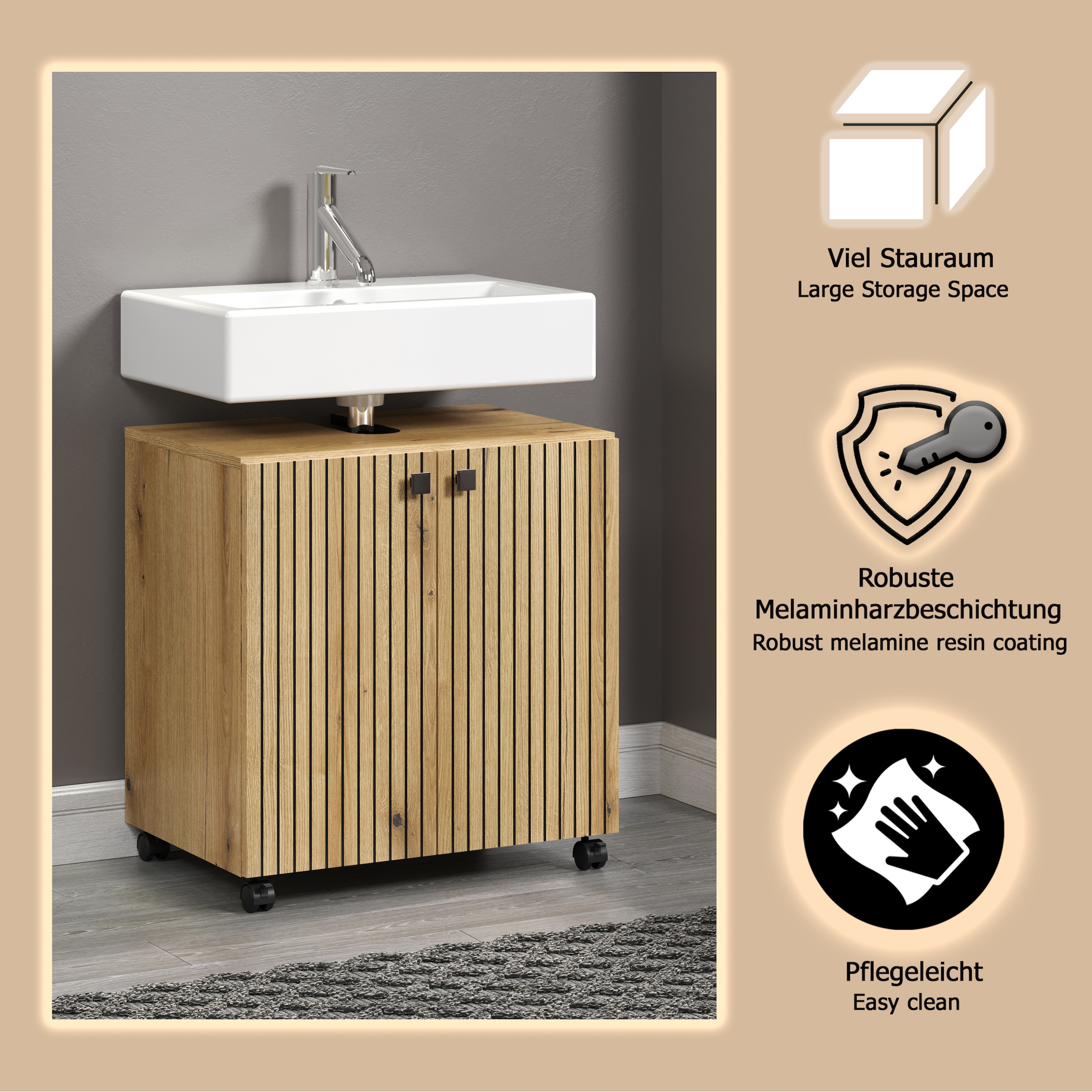 welltime Waschbeckenunterschrank »Amrum« 1 Stk. tlg. Waschtisch auf Rollen - (B/T/H) wahlweise 60-80/42/64 cm