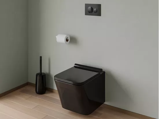 Pack WC suspendu en céramique noir brillant avec bâti-support et plaque de déclenchement ronde - CLEMONA