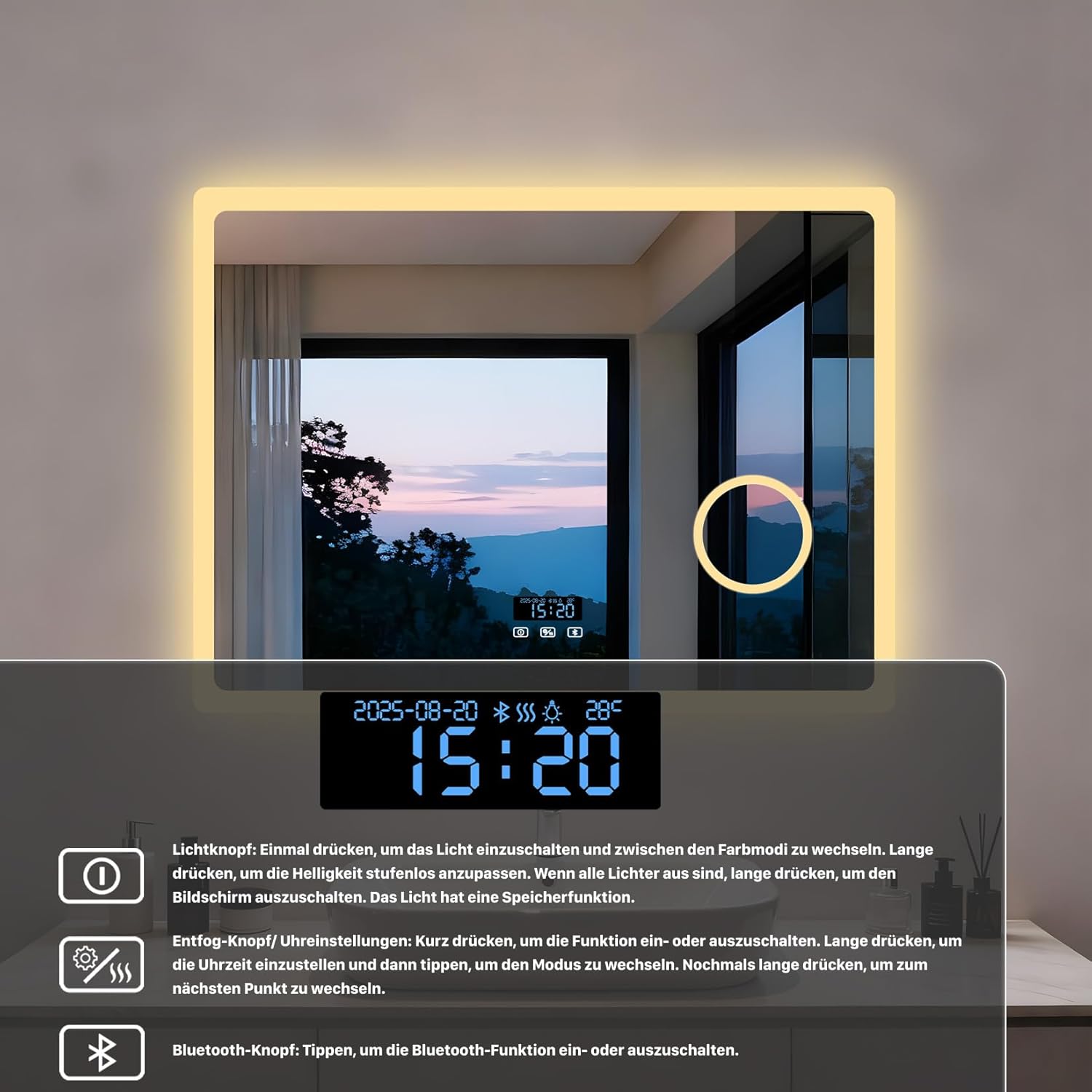 LUVODI Badspiegel mit Beleuchtung Bluetooth: 80x60cm Led Spiegel mit 3-Fach Schminkspiegel und Uhr, 3 Lichtfarbe Einstellbare Badezimmerspiegel Beschlagfrei Speicherfunktion, Wandspiegel