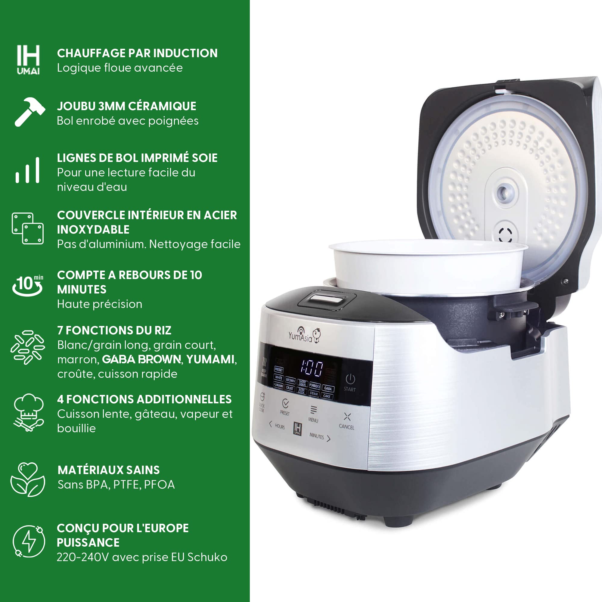 Yum Asia Bamboo Cuiseur à riz avec chauffage à induction (IH) et bol en céramique, 7 fonctions de cuisson au riz, 4 fonctions multicuiseurs, écran LED