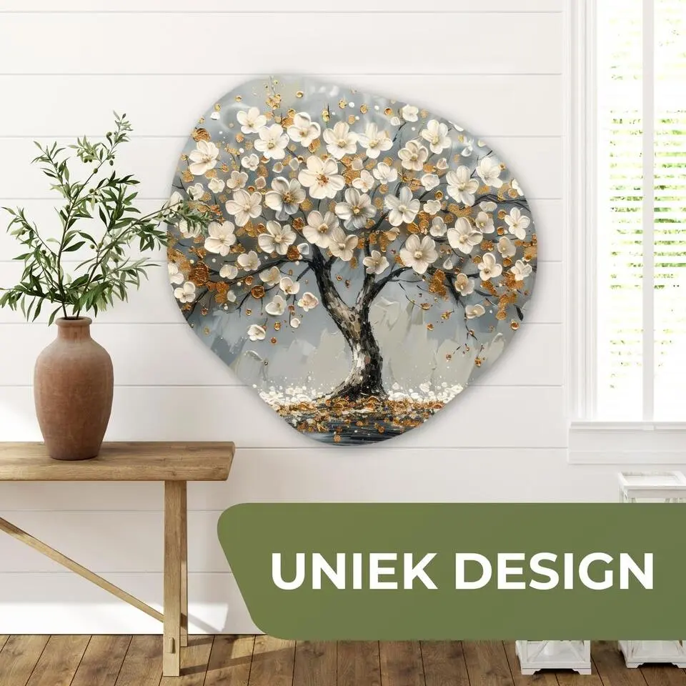 MuchoWow Wand decoratie 90x90cm Boom Goud Bloemen Abstract