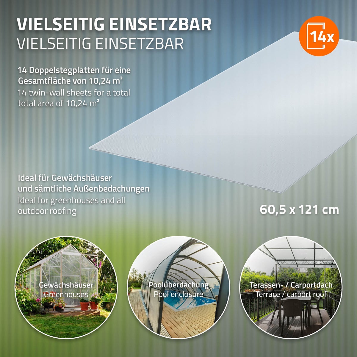 ECD Germany 14x Dubbelwandige polycarbonaatplaten, 4 mm, 121x60,5 cm, 10,24 m², 50x clips + 50x Z-clips, slagvast en UV-bestendig, snijdbaar, heldere meerwandige platen, kaspanelen