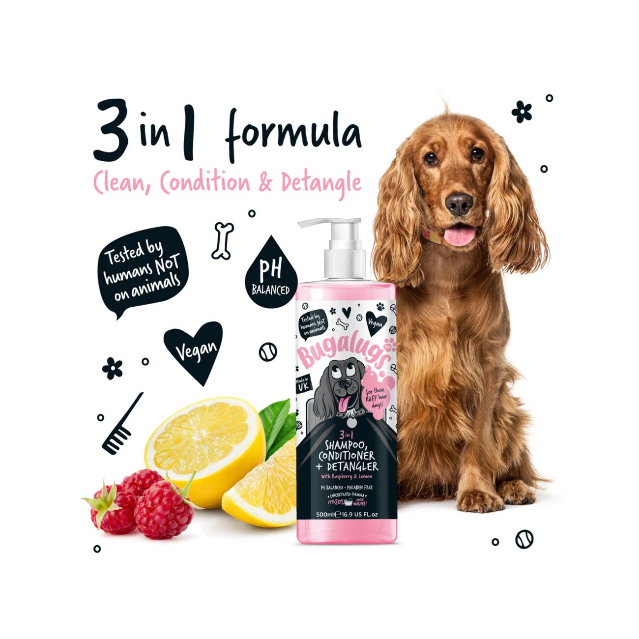 Bugalugs 3-in-1 Hundeshampoo, Conditioner & Detangler – Himbeer & Zitrone