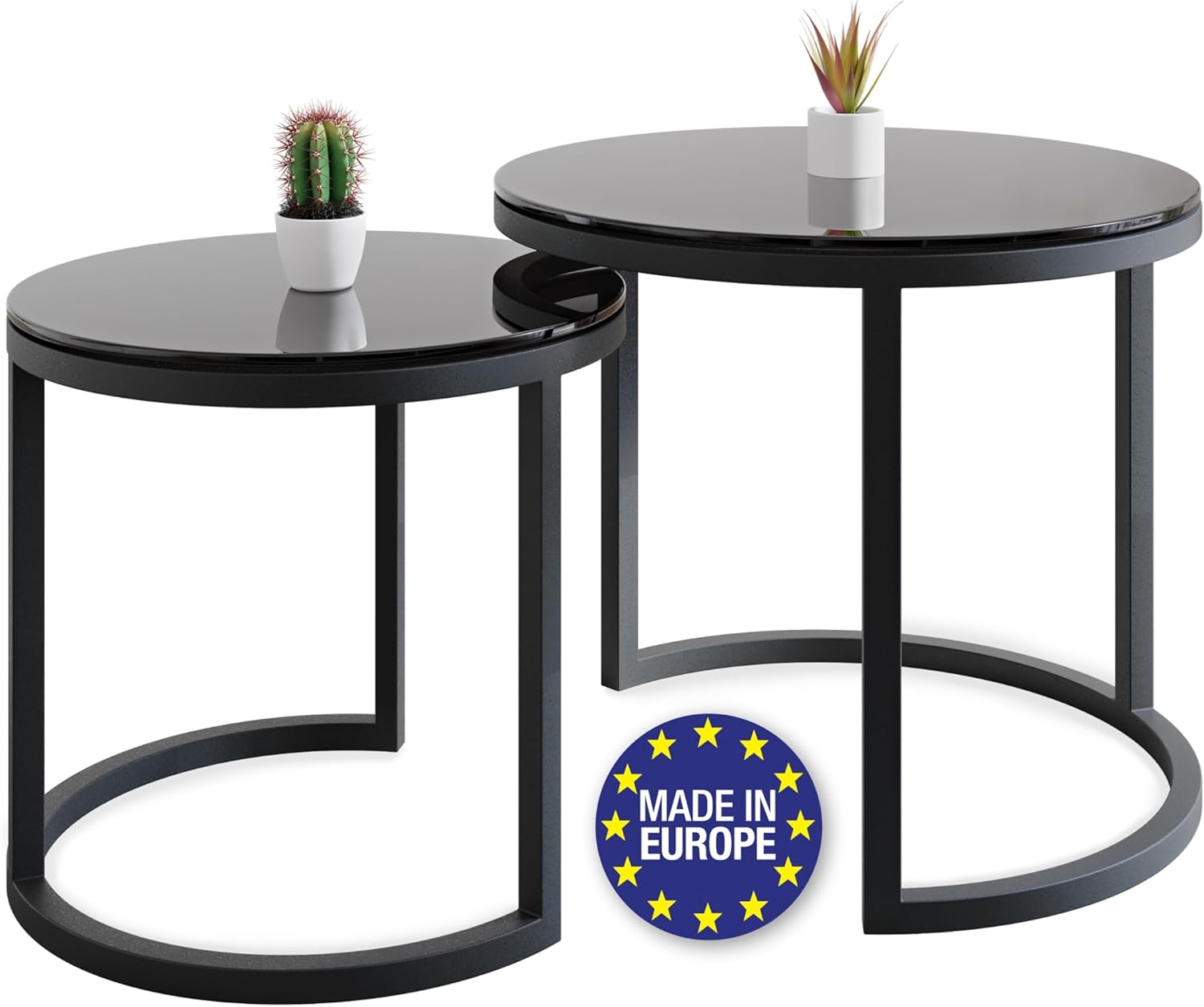 Modena, Couchtisch 2er Set aus Gehärtetem Glas und Stahl, Handgefertigt in Europa, Beistelltisch, Wohnzimmertisch, Coffee Table, Schwarz, Rund, Ø50x43 cm / Ø40x38 cm