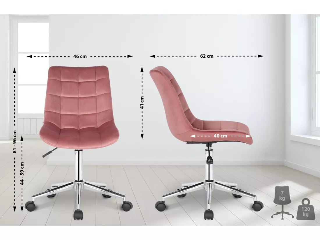 Chaise de bureau - Velours & Métal chromé - Rose - Medford