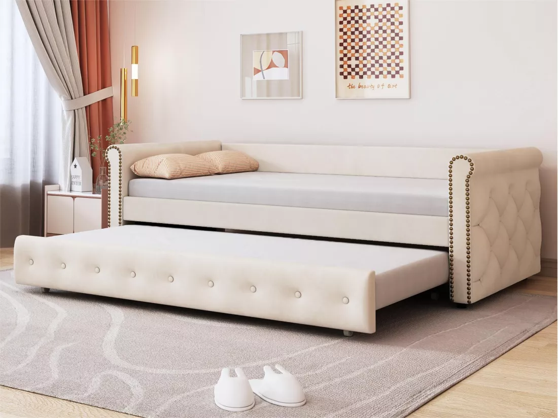 Lit gigogne 90x200cm en lin avec sommier à lattes - Beige
