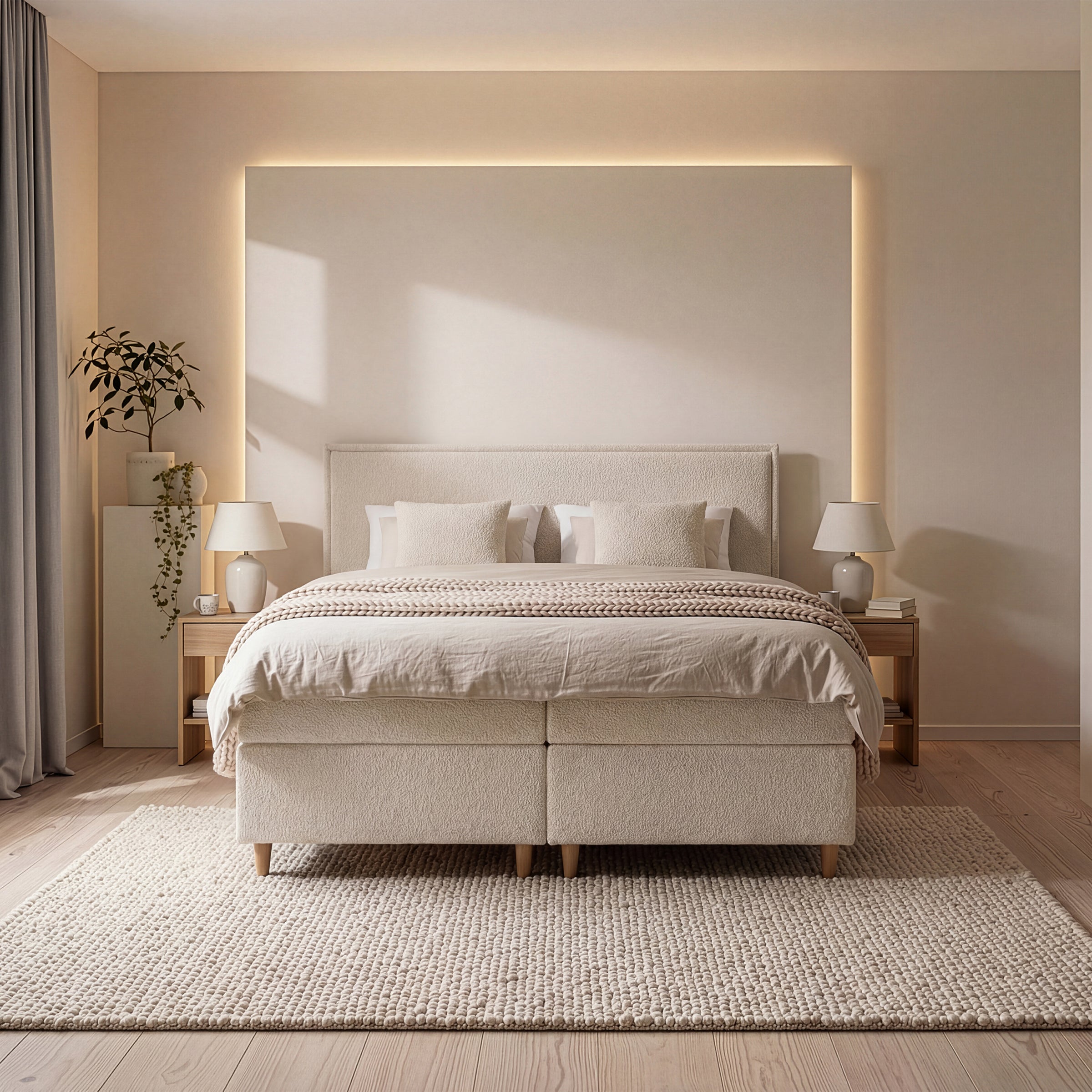 Saku - Boxspring met opbergruimte - Stof beige - 140x200 cm