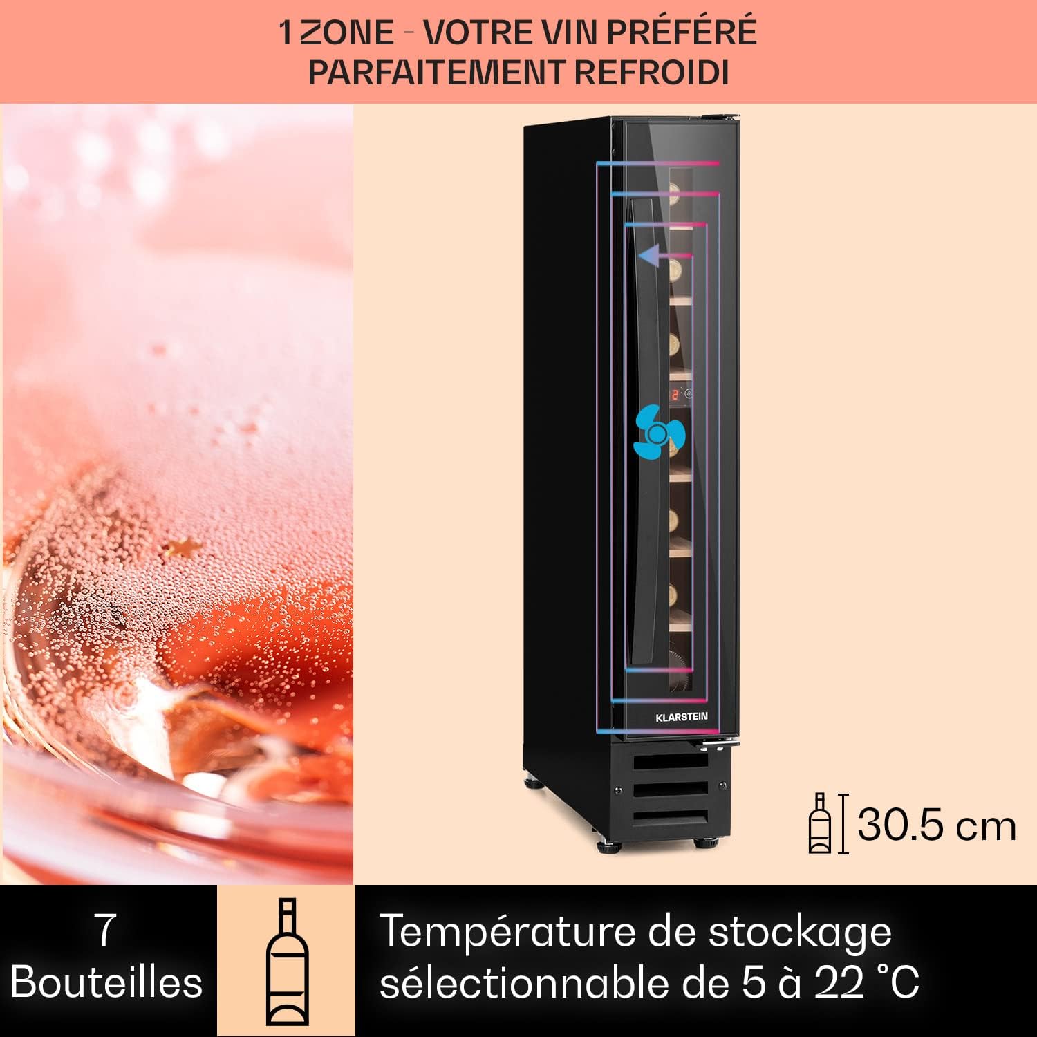 KLARSTEIN 20L Cave a Vin Encastrable de Vieillissement avec une Porte en Verre, Cave a Vins à Zone Unique, Bar Intérieur/Extérieur, Frigo Vin, Mini Cave à Vin 7 Bouteilles