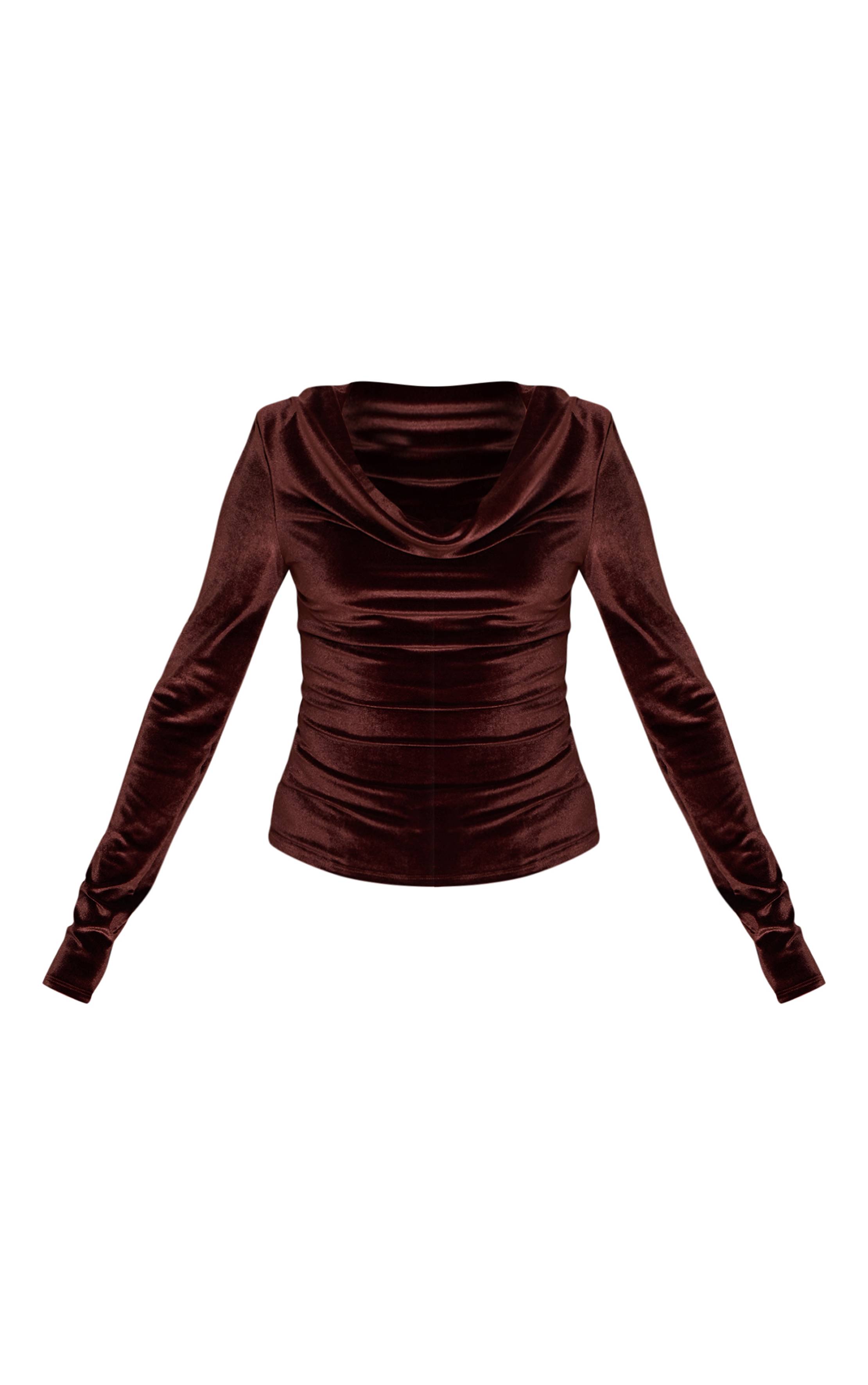 Marron Top En Velours À Manches Longues Et Col Bénitier