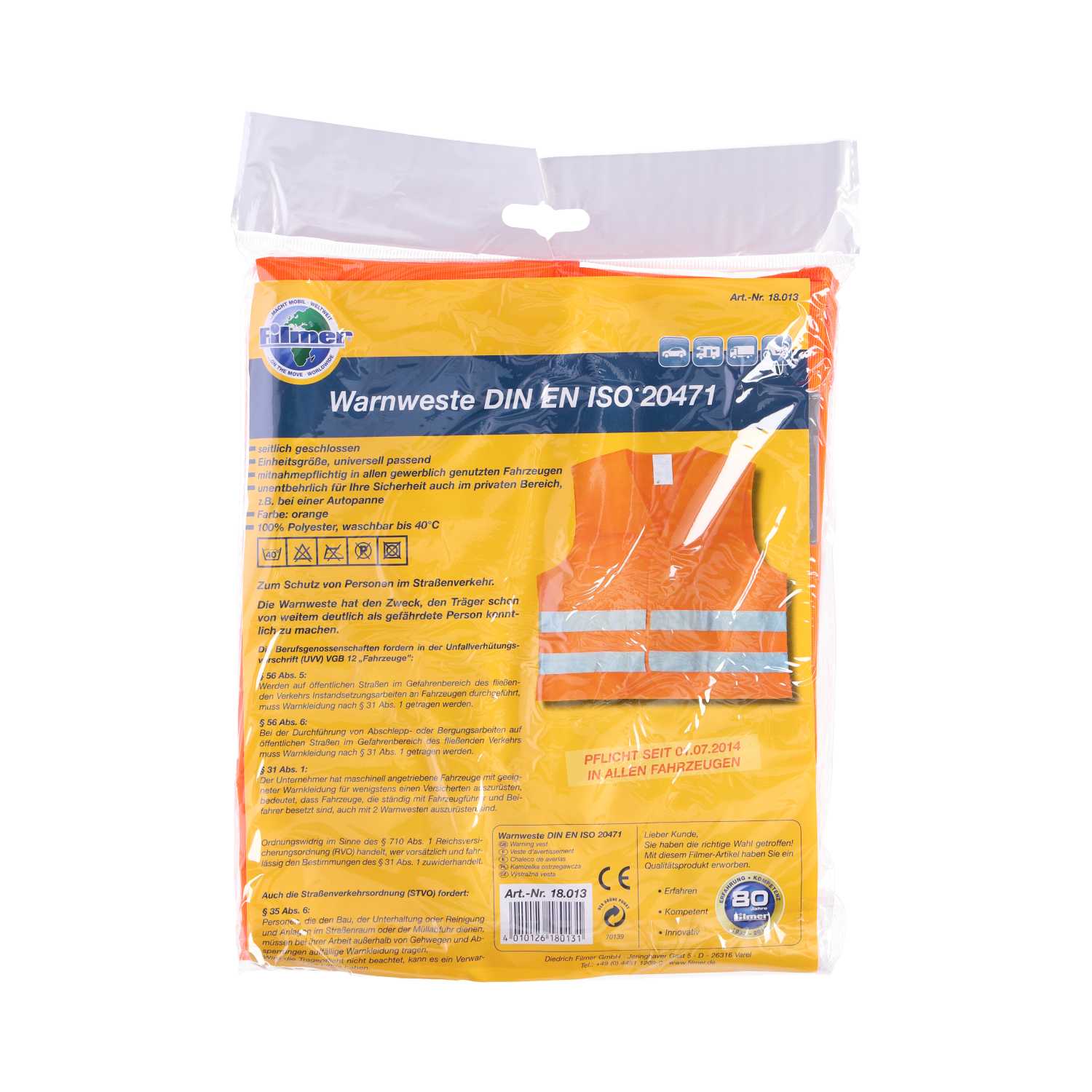 Warnweste orange reflektierend DIN EN ISO 20471