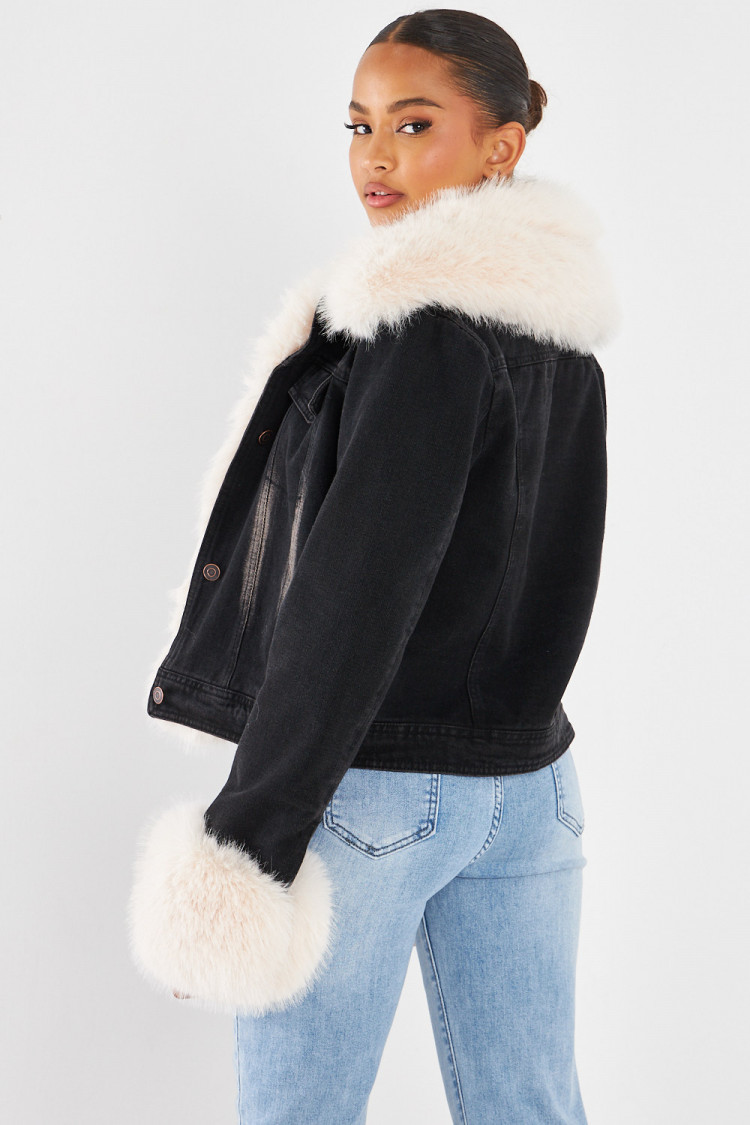 Veste en jean à fourrure noir/beige
