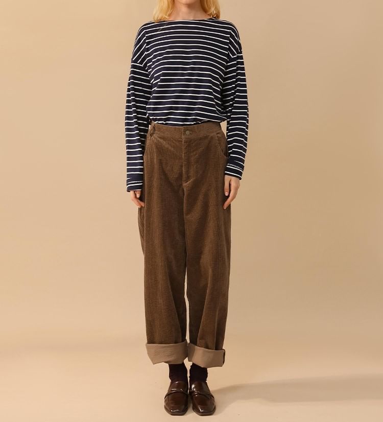 lolliert - Mid Rise Plain Corduroy Loose Fit Pants