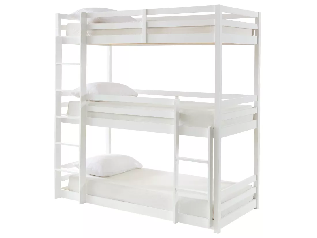 Lits superposés triple - 3 x 90 x 200 cm - Pin - Blanc + matelas - VAGAR
