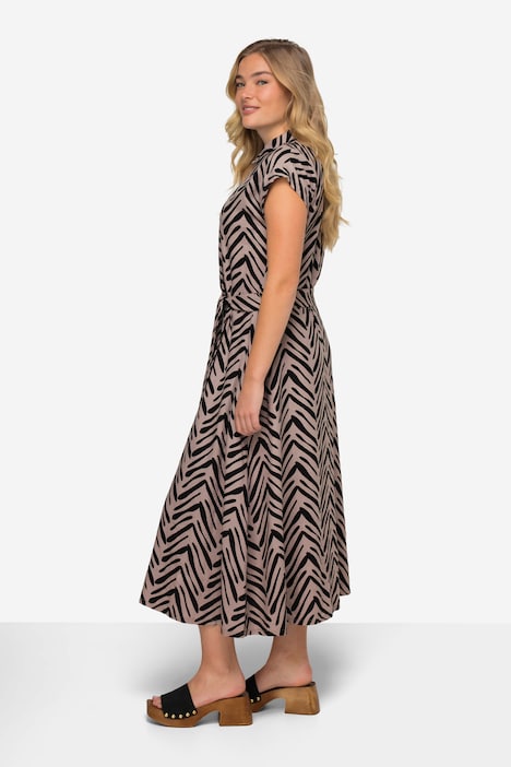 Leinenmix-Kleid, Zebra-Stil Print, Hemdkragen, Taillengürtel, Halbarm
