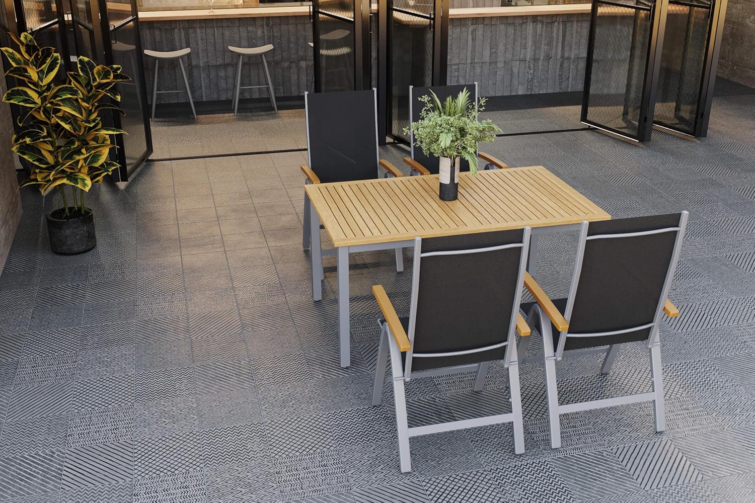 Villana Garten-Essgruppe mit 4 Klappstühlen, Silber, Alu/Eukalyptus, ausziehbarer Tisch 150/200 x 90 cm, FSC®-zertifiziertes Produkt