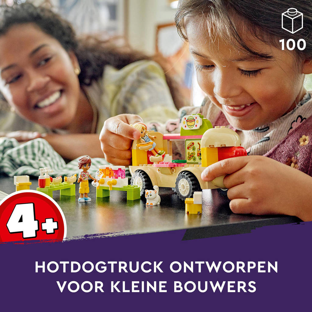 Goed om het fantasiespel te stimulerenHotdogfoodtruck Speelgoed Voertuig Set met Mini Poppetjes en Kat 42633