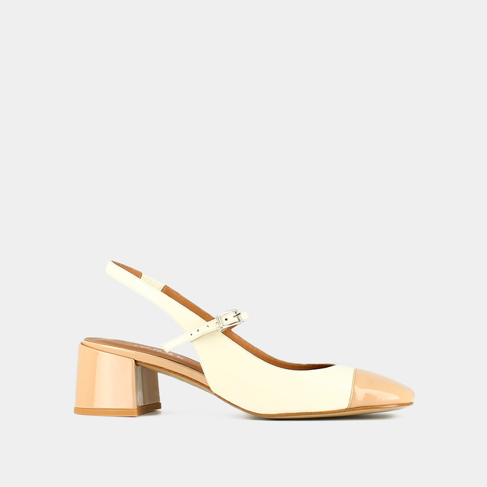Salomés slingback à bouts carrés  en vernis beige et écru