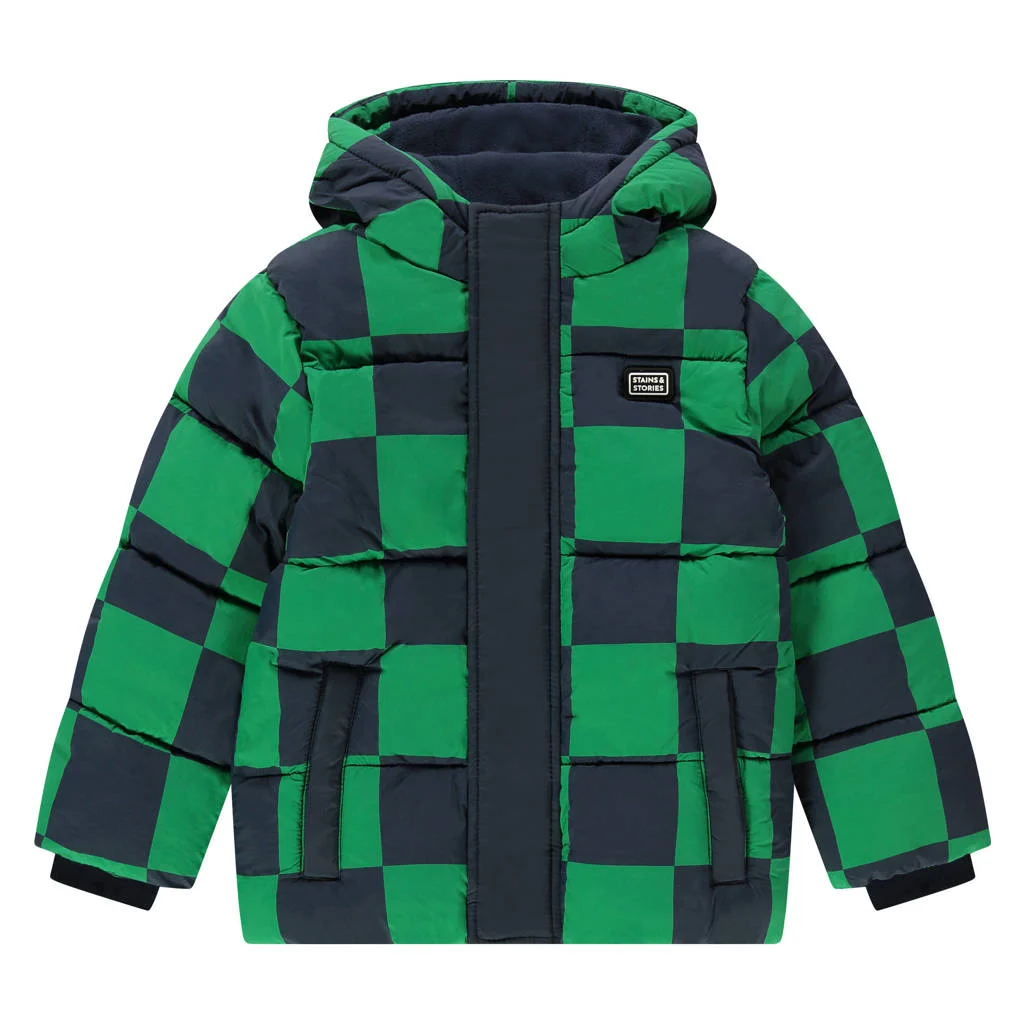 Stains&Stories geruite gewatteerde winterjas groen/donkerblauw