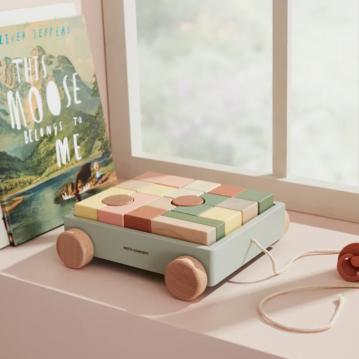 Kids Concept - Edvin Wagen mit Holzklötzen, bunt (21er-Set)
