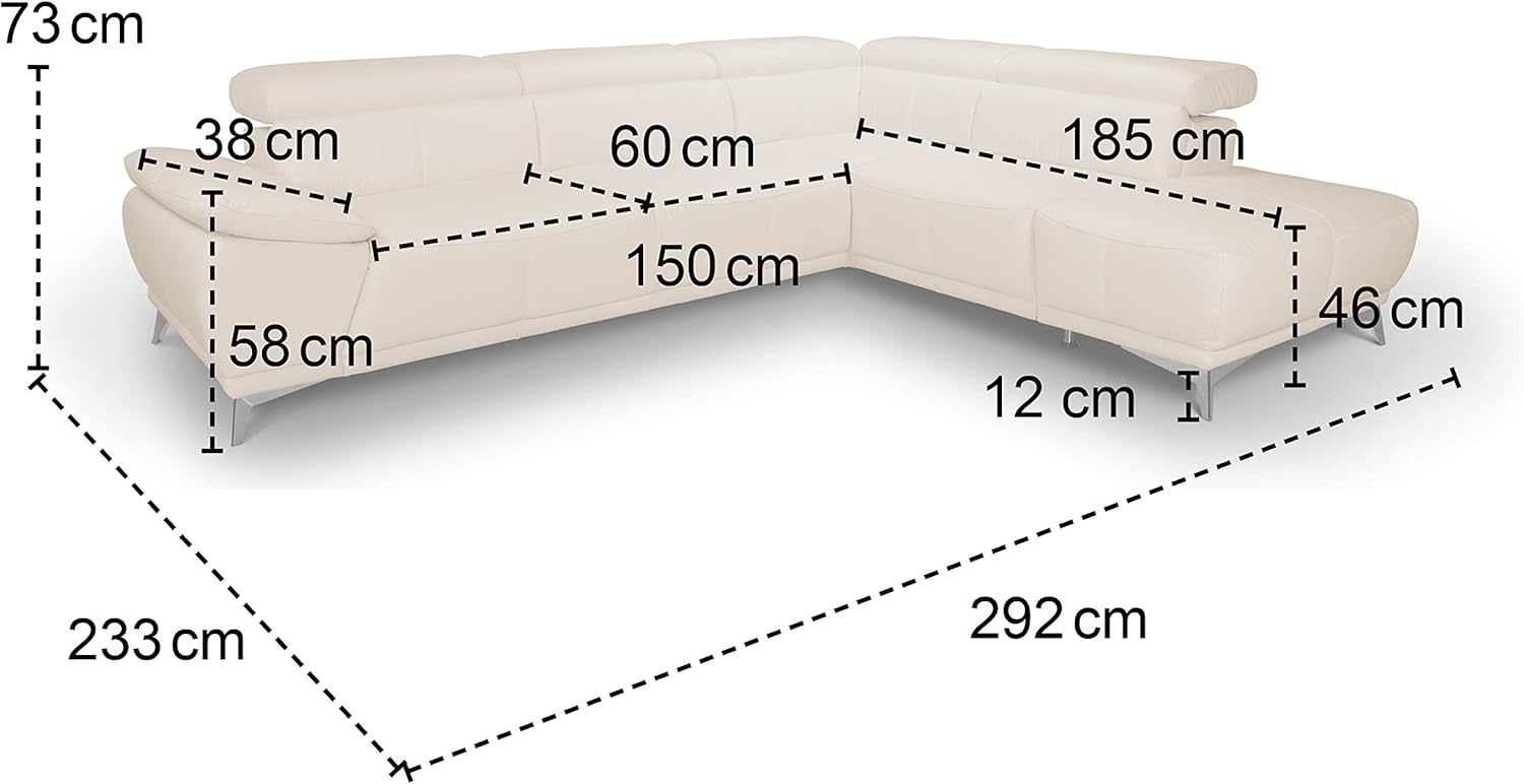 Mivano Ecksofa Felipe in Echtleder / Moderne Eckcouch mit verstellbaren Kopfstützen / 292 x 73 x 233 / Leder Fango (grau)