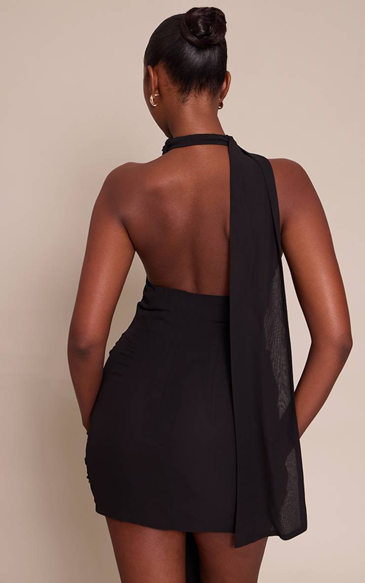 Noir Mini Robe Portefeuille Tissée À Col Licou