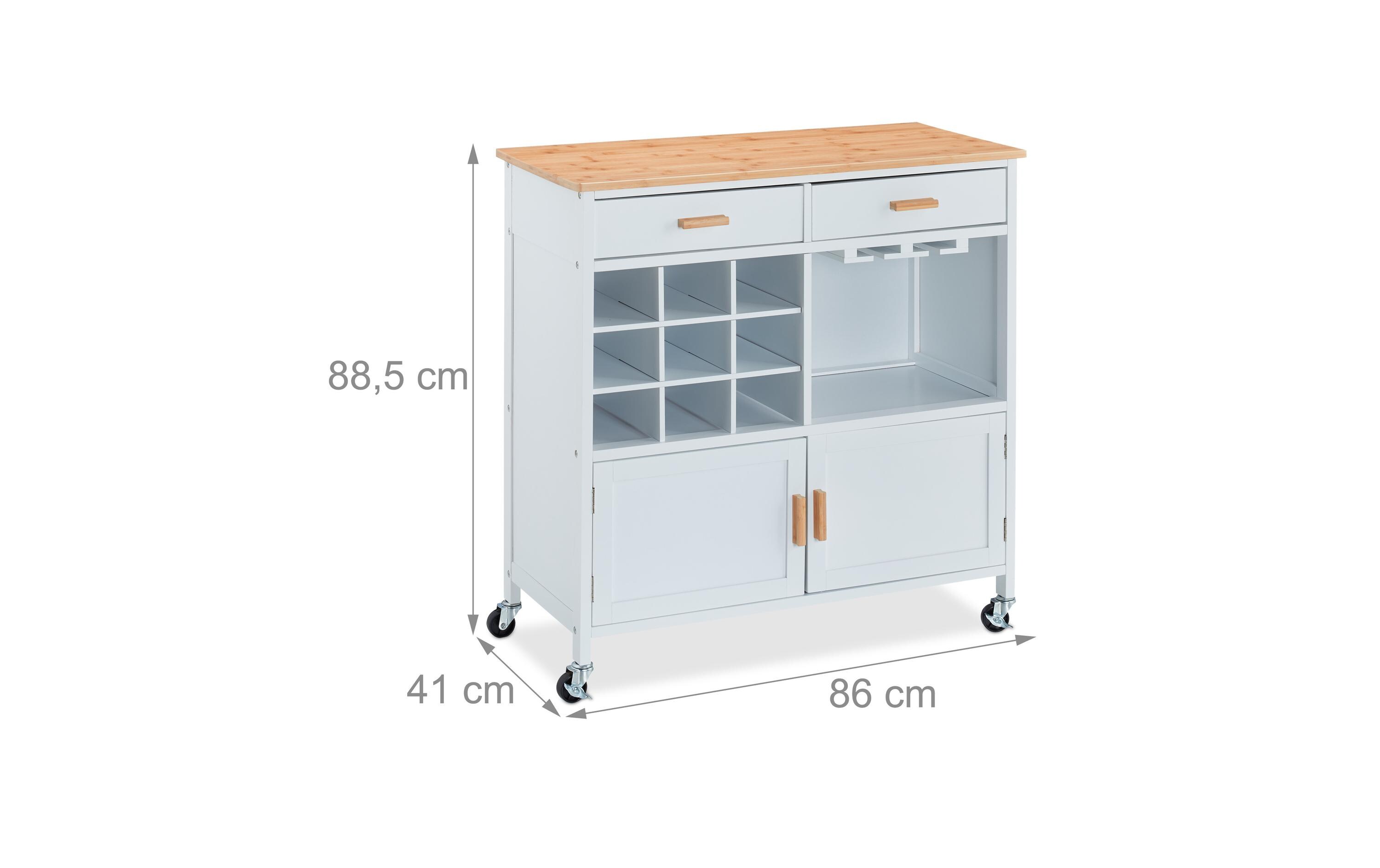 Küchenwagen 86 x 88.5 x 41 cm, Braun / Weiss<br>Küchenrollwagen mit Weinregal
