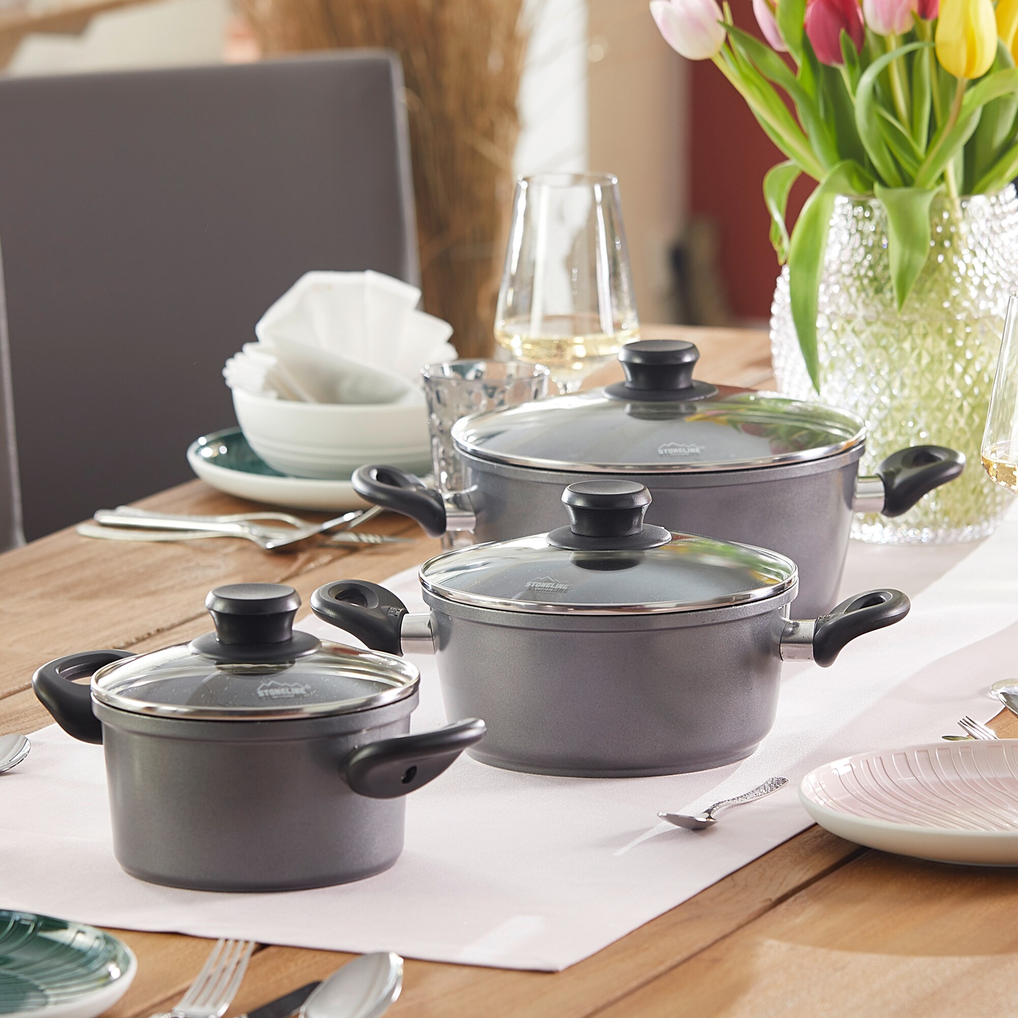 STONELINE® Topfset 6 teilig mit Glasdeckel, beschichtete Aluguss Töpfe Backofen & Induktion geeignet