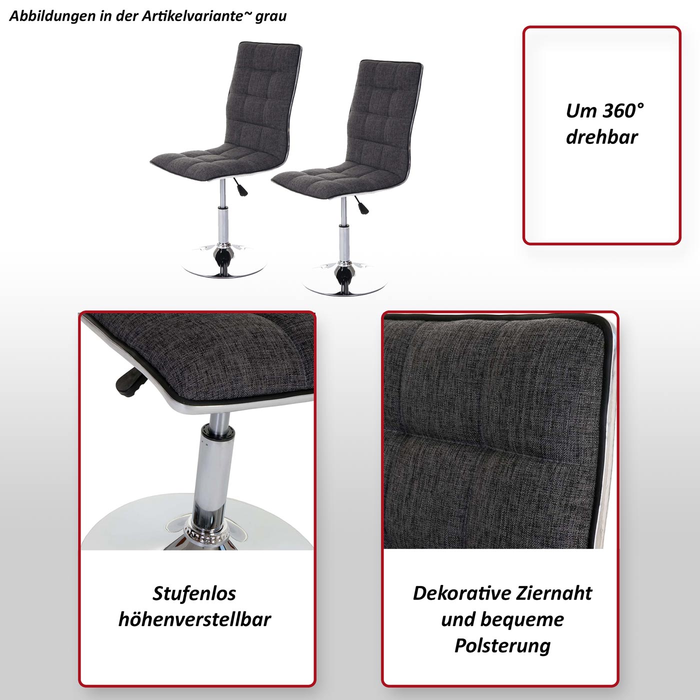 2er-Set Esszimmerstuhl MCW-C41, Stuhl Küchenstuhl, höhenverstellbar drehbar, Stoff/Textil MVG ~ vintage betongrau