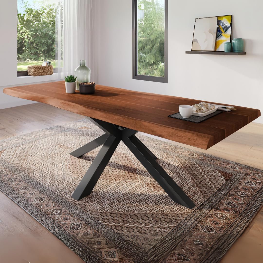 Esszimmertisch 260x100 cm, Akazienholz massiv, Tischplatte nussbaumfarben, echte Baumkante, Spider Gestell schwarz, Baumkantentisch