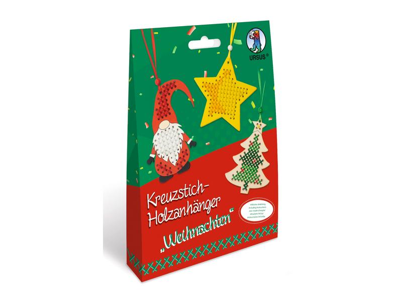 URSUS Bastelset Kreuzstich-Holzanhänger Weihnachten, 3 Stüc Set zum Basteln von 3 Holzanhängern