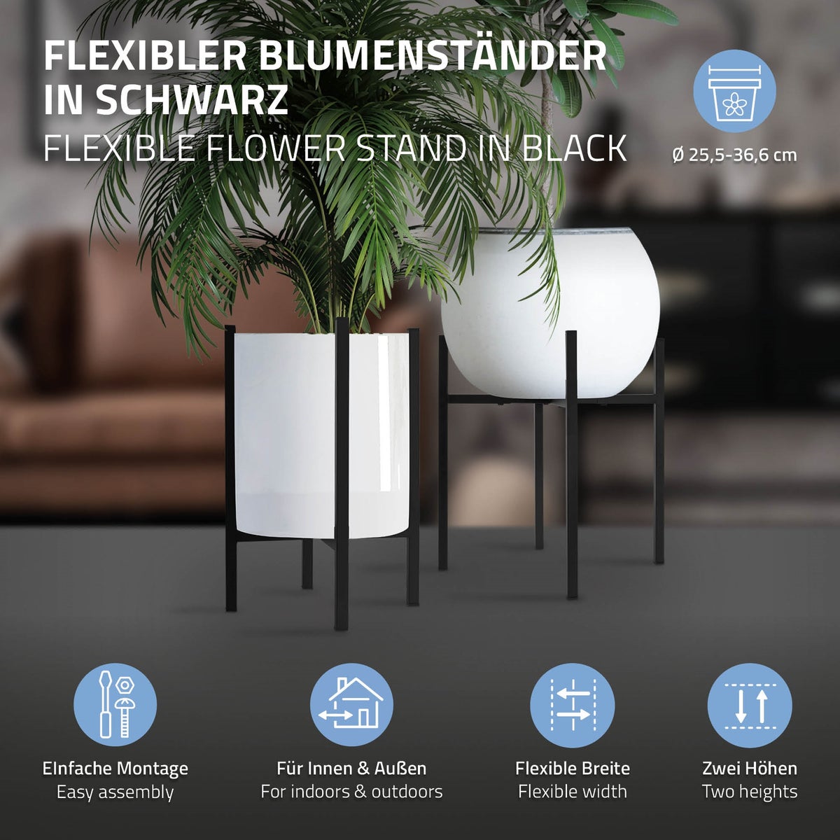 ML-Design 3-delige set zwarte bloemenstandaards, 22-30x22-30x40,5 cm, verstelbaar, moderne bloempotstandaards, stevige metalen plantenstandaards, in maat verstelbare bloempothouders, plantenbakken, decoratieve bloemenhouders
