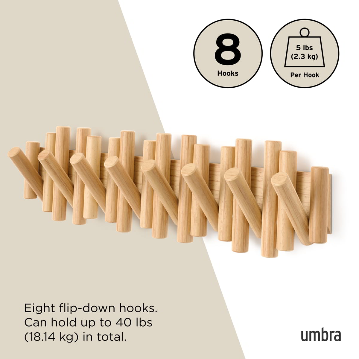WandkapstokUmbra Picket 8 haken naturel hout